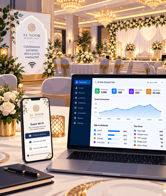 Sala ricevimenti decorata con un accesso al Wi-Fi per gli ospiti con il brand su un telefono e una dashboard di connessioni e metodi di accesso