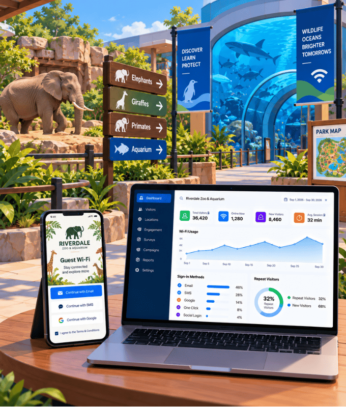 Visitantes de un zoológico y un acuario accediendo al Wi-Fi con sus teléfonos, con un panel de visitas y visitantes que regresan