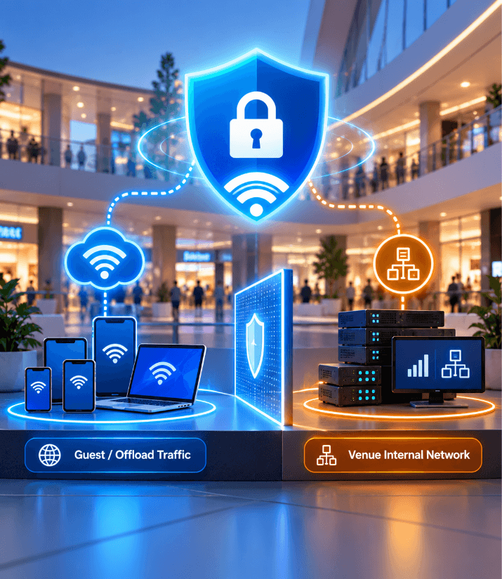 Security shield separating guest and offload traffic from the venue's internal network