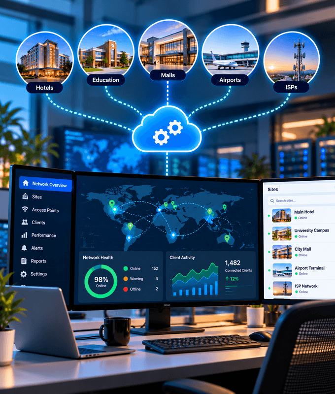 Network operations dashboard monitoring hotels, education, malls, airports and ISPs through the cloud