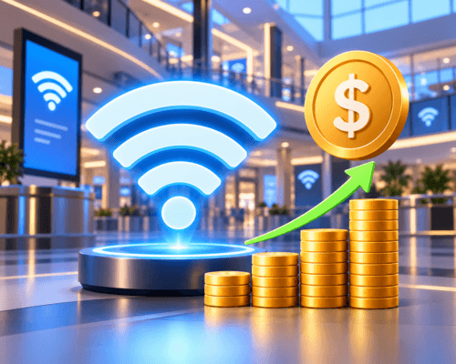 Wi-Fi symbol beside rising stacks of gold coins, representing revenue from venue Wi-Fi
