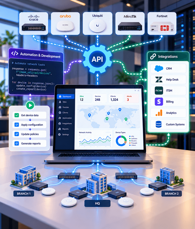 Network automation and development: APIs connecting network equipment, a management dashboard and integrations with business systems