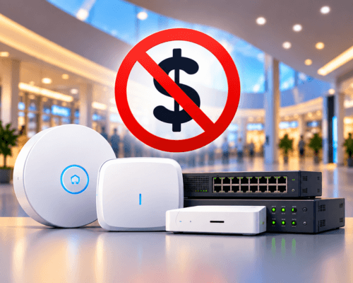 Wi-Fi access points and network switches under a crossed-out dollar sign, representing no cost to the venue