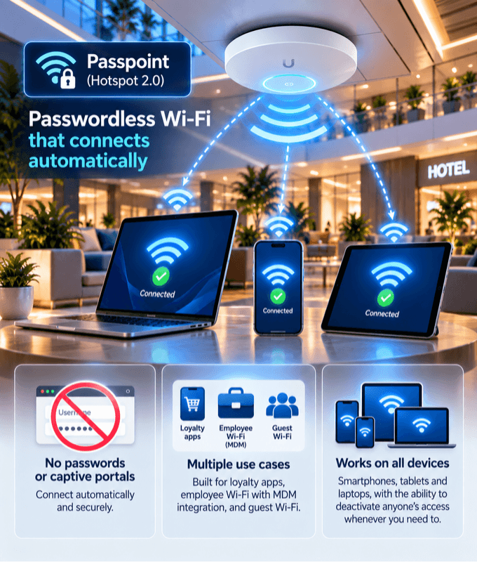 Passpoint (Hotspot 2.0) passwordless Wi-Fi connecting a laptop, smartphone and tablet automatically