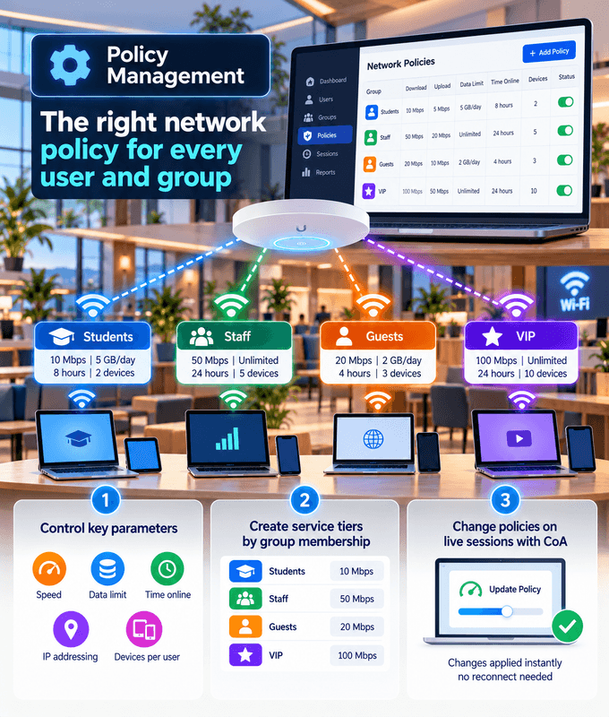 Policy management dashboard setting speed, data, time and device limits for students, staff, guests and VIP groups