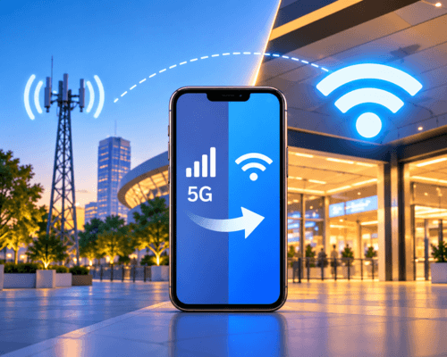 Smartphone switching automatically from a 5G cellular connection to venue Wi-Fi