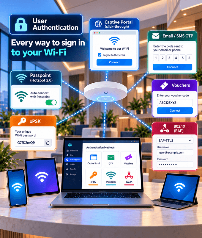 Wi-Fi user authentication methods: captive portal, email and SMS OTP, vouchers, xPSK, Passpoint and 802.1X with EAP