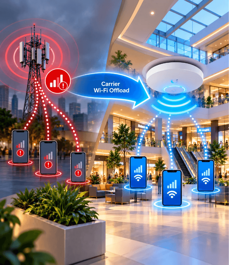 Phones with weak cellular signal outside a shopping mall switching to full signal on the mall's Wi-Fi access point