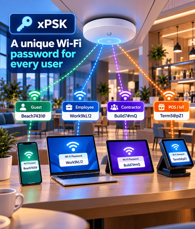 xPSK Wi-Fi giving guests, employees, contractors and POS/IoT devices each their own unique password